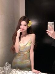 Real shot of swaying tree shadows, beautiful oil painting, floral swag collar, flexible waist, thin silk suspender skirt for women, summer