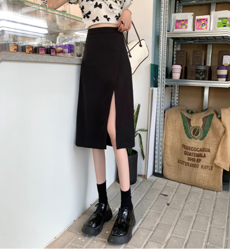 Real shot~High slit skirt for women 2024 summer versatile slimming high waist mid-length black skirt thin