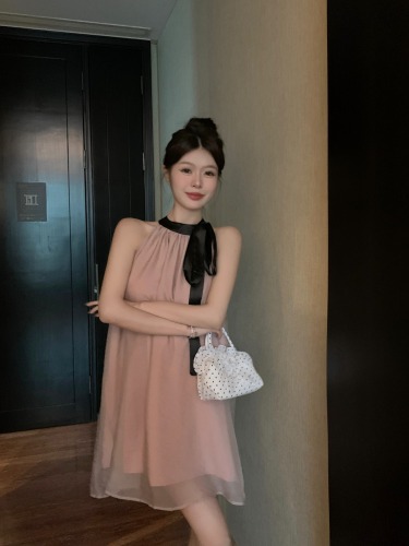 实拍 新款韩版系带挂脖无袖网纱高级感连衣裙