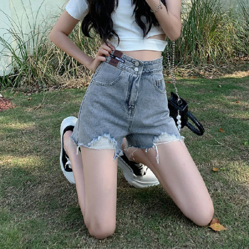 Versatile ripped denim shorts for women spring and summer new ins trendy casual raw edge hot pants high waist a line wide leg jeans