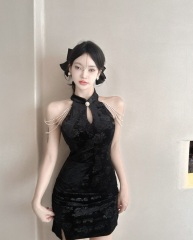 New improved Chinese style slimming velvet embossed slit cheongsam dress