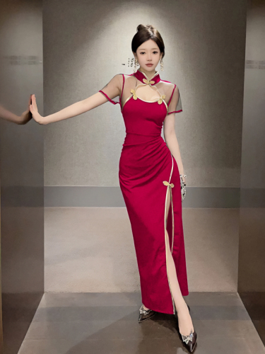 Actual shot of socialite's hollow high-waisted modified long slim-fitting slit cheongsam dress