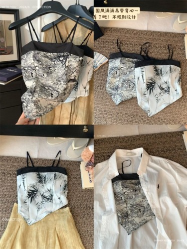 Real shot~Summer new Chinese style retro ink painting pure lust sweet hot girl irregular short tube top top for women