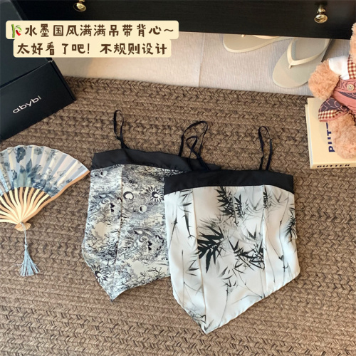 Real shot~Summer new Chinese style retro ink painting pure lust sweet hot girl irregular short tube top top for women