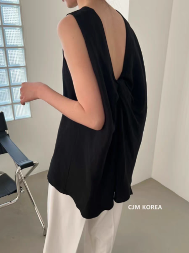 Original plate 2024 spring and summer solid color round neck backless knotted loose sleeveless vest