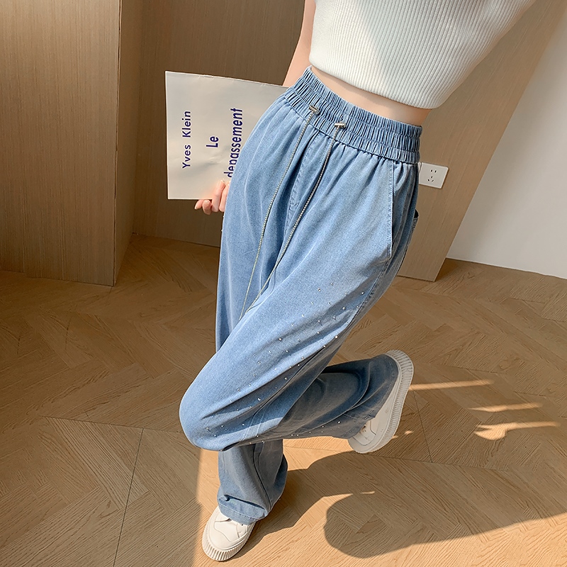 Real shot hot diamond Tencel jeans women's summer thin 2024 slim straight high waist ice silk floor-length wide-leg pants for women