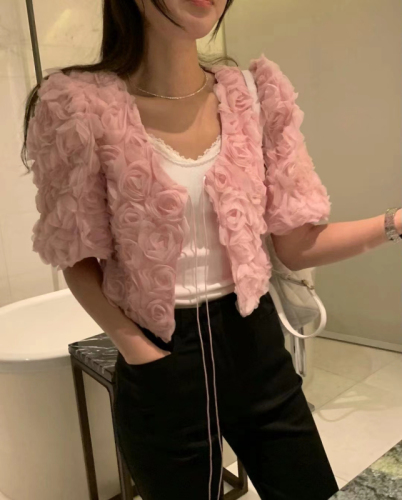 chic French style V-neck puff sleeve heavy three-dimensional rose flower versatile short jacket two colors