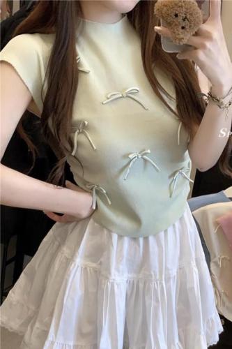 天猫质量蝴蝶结针织短袖T恤女夏季设计感气质修身显瘦小飞袖