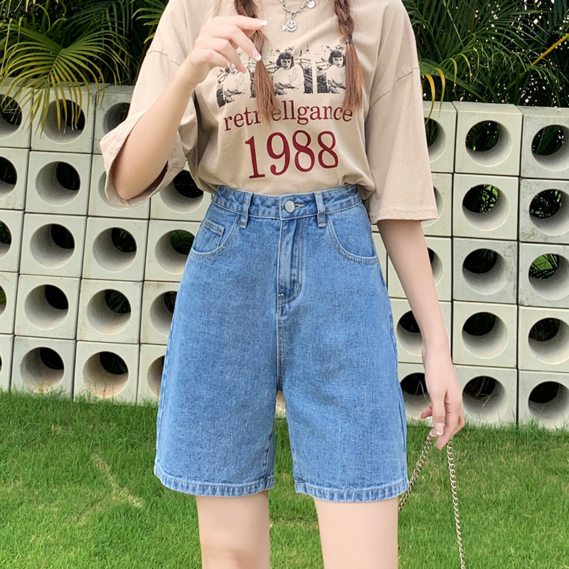 Real shot ~ Summer high-waisted denim shorts for women, straight-leg Korean style casual slimming fresh versatile mid-pants shorts ins