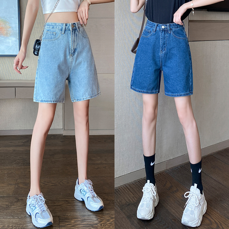Actual shot of 2022 new summer Korean style high-waisted slimming loose casual wide-leg pants versatile five-point jeans