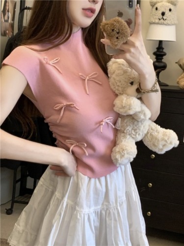天猫质量蝴蝶结针织短袖T恤女夏季设计感气质修身显瘦小飞袖