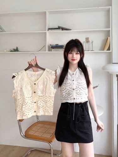 韩国chic复古设计感V领镂小飞袖背心马甲女夏季小个子复古上衣
