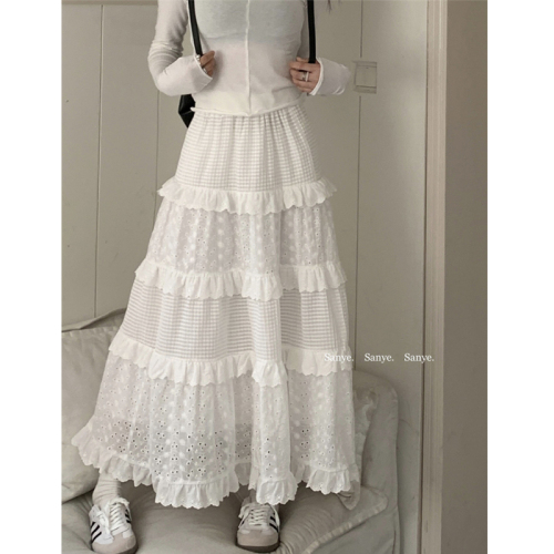 白色半身裙女夏季2024新款高腰a字中长款温柔风小个子蓬蓬蛋糕裙