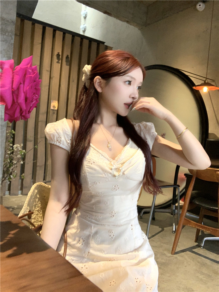 Real shot ~ Gentle little flower embroidered dress with bow straps for women, patchwork lace waist suit skirt