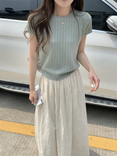 实拍 夏季韩版气质圆领轻薄麻花镂空高级感6羊毛针织短袖上衣