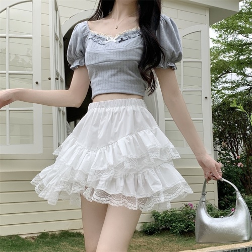 实拍韩国chic蓬蓬裙半身裙女装夏季甜辣妹减龄蕾丝不规则短裙