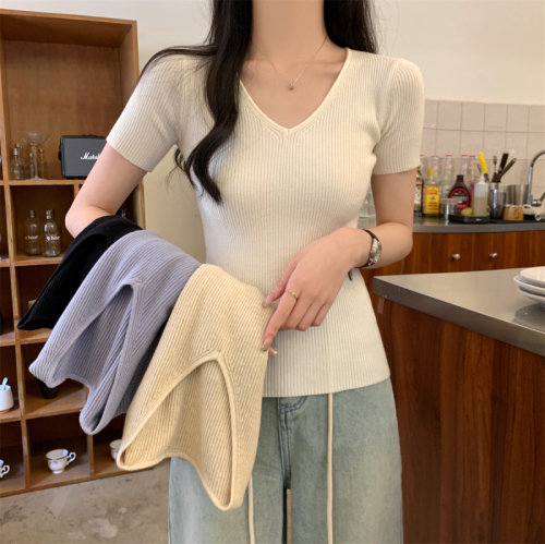 实拍 夏季韩版修身气质v领纯色百搭安迪绒针织短袖上衣女