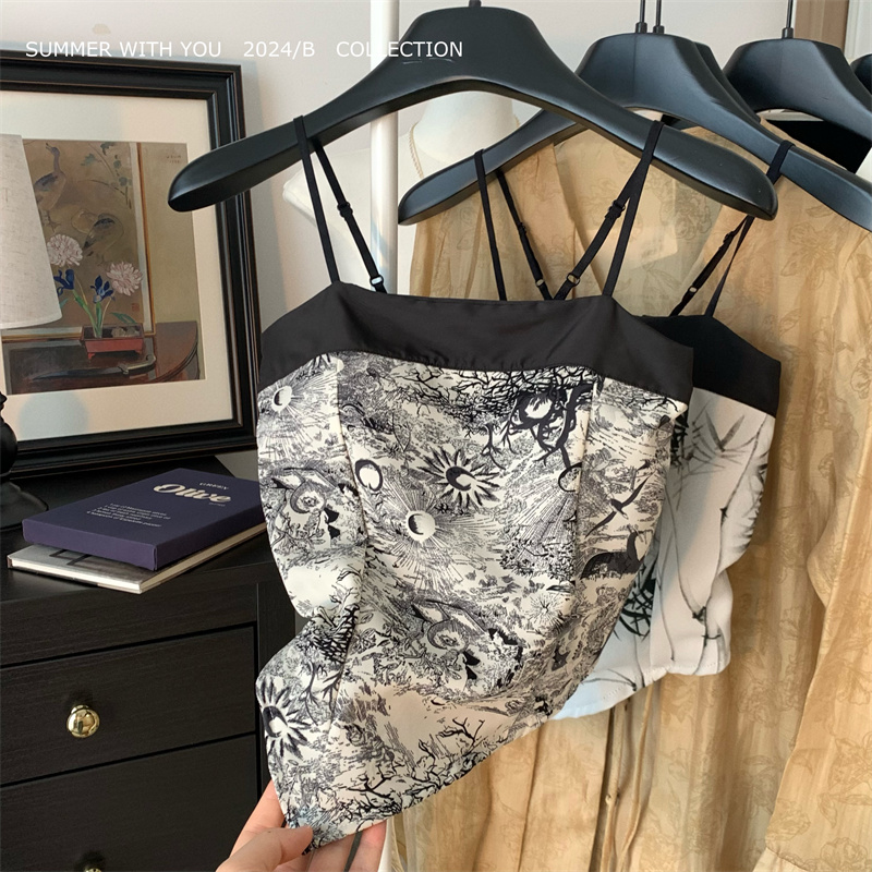 Real shot~Summer new Chinese style retro ink painting pure lust sweet hot girl irregular short tube top top for women