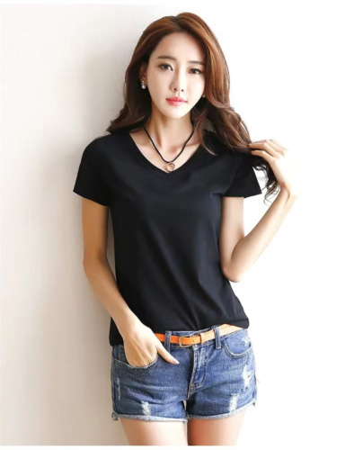 Summer Korean style slim-fitting women's short-sleeved black and white slimming bottoming shirt solid color V-neck T-shirt half-sleeved top for women