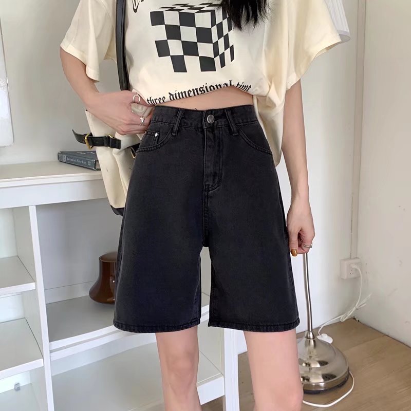Real shot of five-point jeans for women in summer new style fat sister mm slim shorts large size high waist loose straight pants