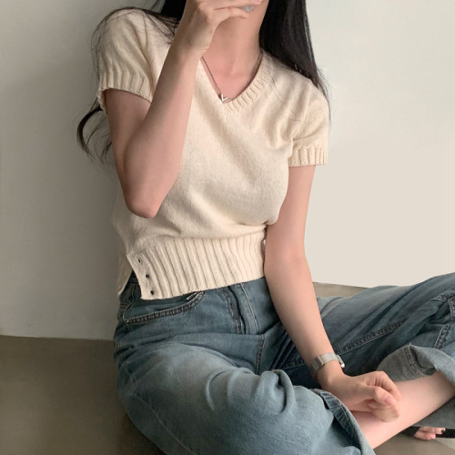 韩国chic夏季百搭设计感纽扣V领短袖针织衫上衣女