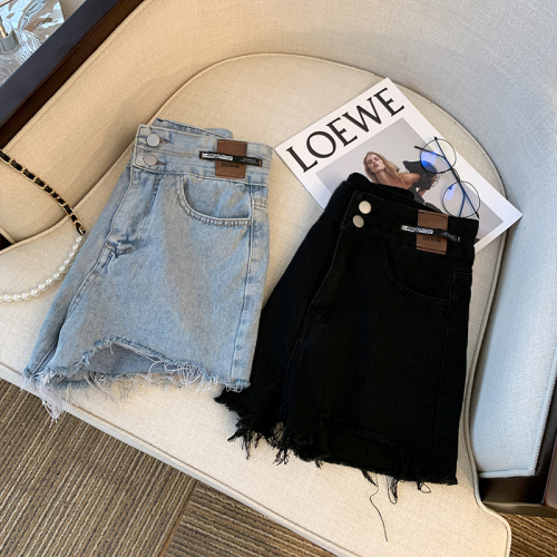 High waist slim ripped wide leg pants for women summer retro straight fit versatile loose chic Hong Kong style denim shorts trendy ins