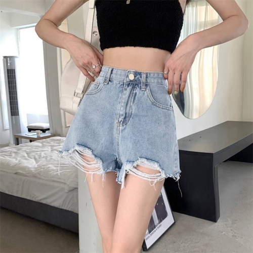 Denim shorts for women, high waist, internet celebrity, ins style, Korean version, versatile, loose, ripped, wide-legged, large size, raw edges, a-line hot pants