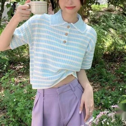 Polo领条纹针织短袖T恤女装夏季2024新款小个子甜美韩系chic上衣