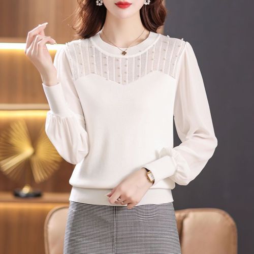 韩版蕾丝雪纺衫长袖镂空钉珠针织上衣女小众设计感遮肚子打底衫潮