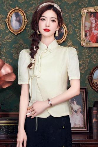 立领泡泡袖衬衫女夏季短袖设计感小众提花新中式复古盘扣女上衣