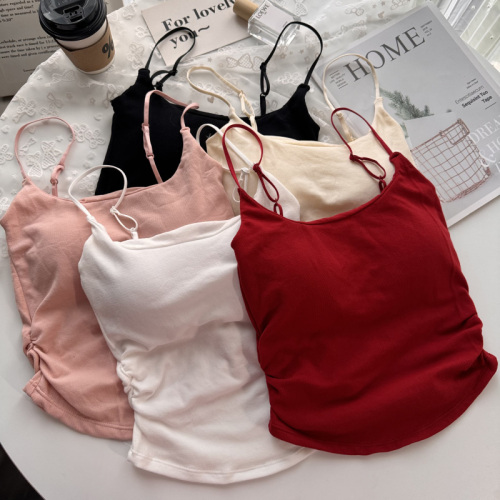 Photographed hot girl pure desire pleated backless top with thin straps, slimming outerwear for layering under clothing