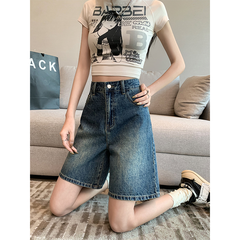 Real shot of summer thin retro blue high-waisted straight denim shorts for women, loose and versatile, slimming mid-length pants