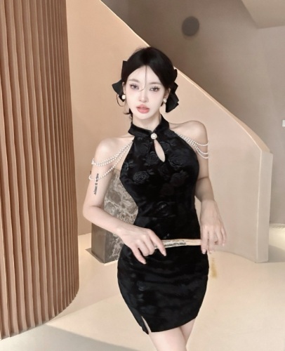 New improved Chinese style slimming velvet embossed slit cheongsam dress