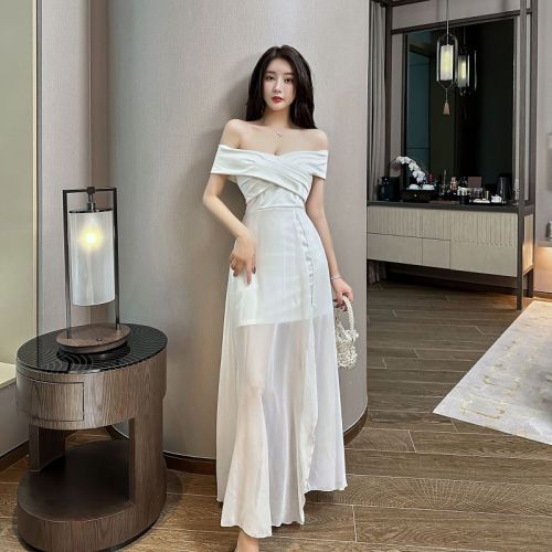 Real shot of sexy one-line neckline off-shoulder tight long chiffon patchwork dress