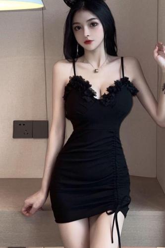 Real shot of lace suspender drawstring hip dress