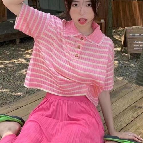 Polo领条纹针织短袖T恤女装夏季2024新款小个子甜美韩系chic上衣