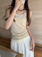 實拍 夏季韓版u領撞色假兩件輕薄氣質6羊毛針織無袖背心上衣