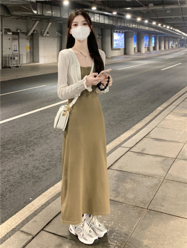 Actual shot Spring~2024 Korean style square neck dress, feminine and slimming knitted vest long skirt