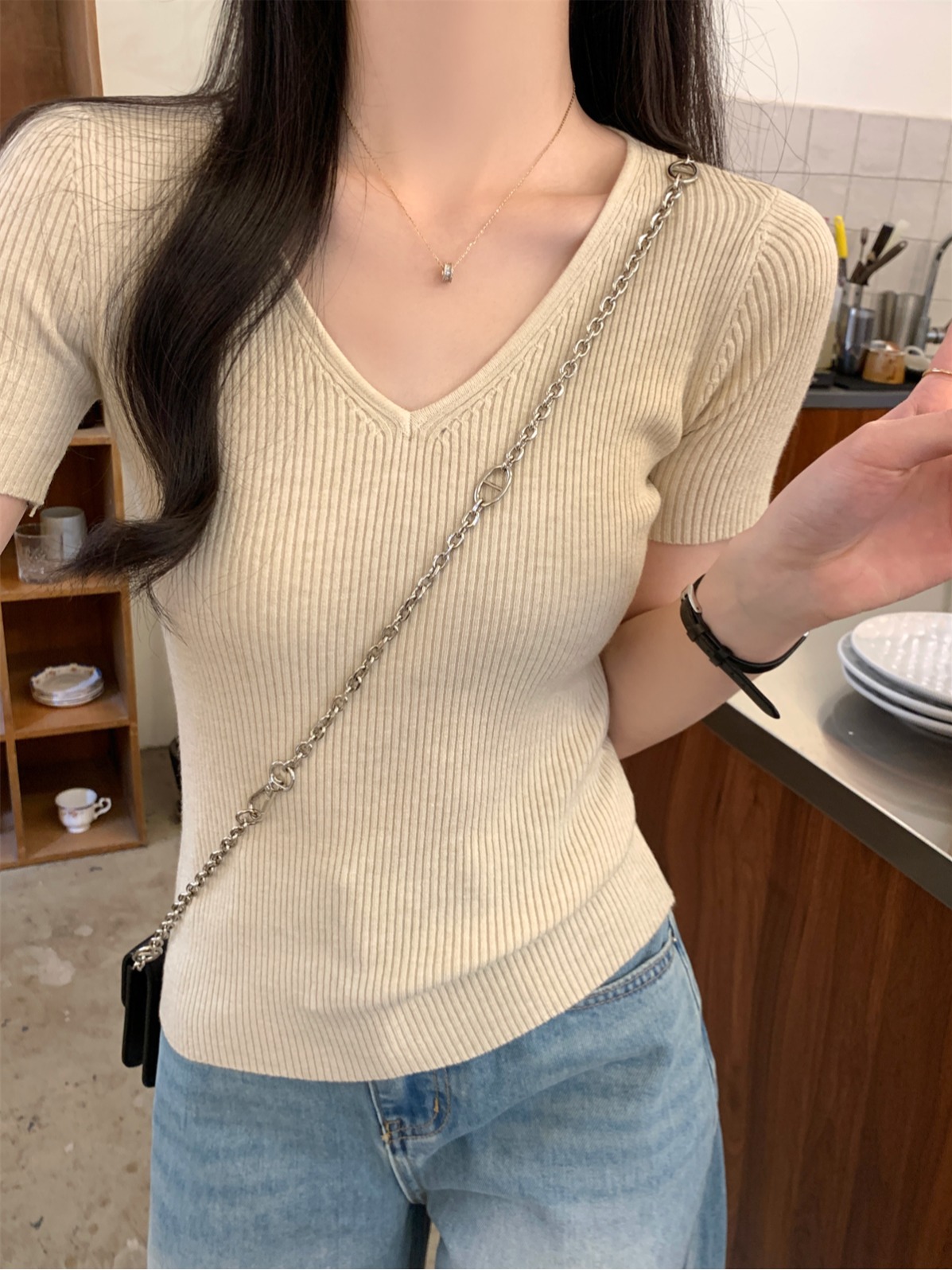 實拍 夏季韓版修身氣質v領純色百搭安迪絨針織短袖上衣女