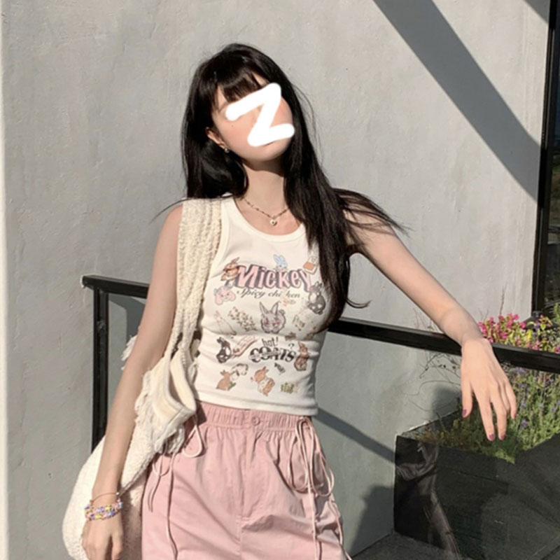 酷乖拽妹簡約百搭潮流上衣夏季假日海灘卡通印花減齡夏季背心女