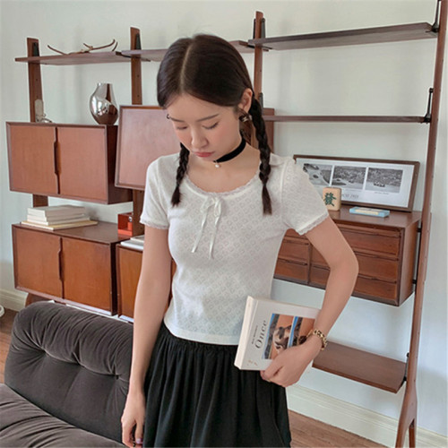 张子萱CheriZ芭蕾风短袖上衣夏季洋气时尚T恤法式镂空蕾丝吊带