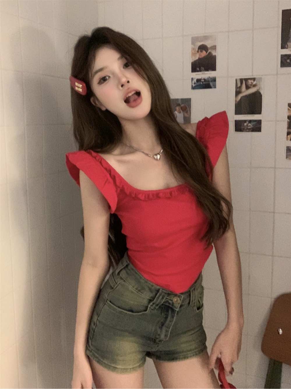 實拍 辣妹小飛袖吊帶上衣女夏季政府兩穿修身短T恤