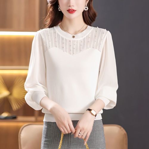 韩版蕾丝雪纺衫长袖镂空钉珠针织上衣女小众设计感遮肚子打底衫潮
