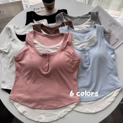 實拍 夏季假兩件紐扣吊帶背心女打底外穿無袖上衣帶胸墊