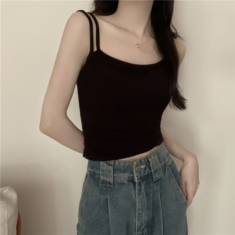 實拍 夏季新款雙肩吊帶帶胸墊假兩件吊帶背心美背