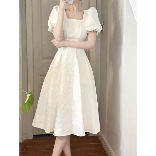 法式初恋白色大摆长裙子夏季女装方领收腰显瘦气质连衣裙子