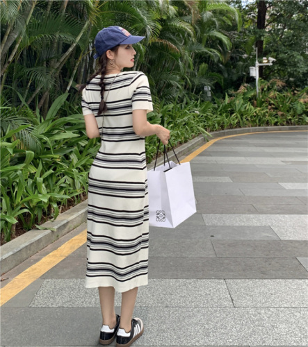 Real shot~Spring~2024 Spring Striped Knitted Dress Women's Loose Casual Mid-Length Skirt