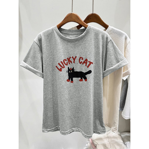 韩国东大门新款减龄卡通猫印花上衣短袖T恤女