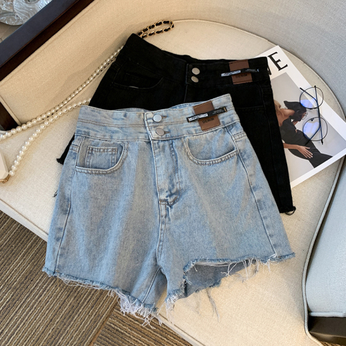 High waist slim ripped wide leg pants for women summer retro straight fit versatile loose chic Hong Kong style denim shorts trendy ins