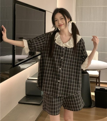 实拍韩版宽松休闲棉麻甜美蕾丝夏季短袖外穿家居服套装